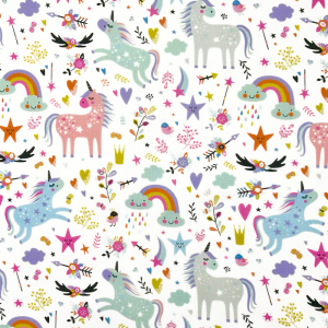 Cotone Unicorni e Arcobaleni fondo Bianco