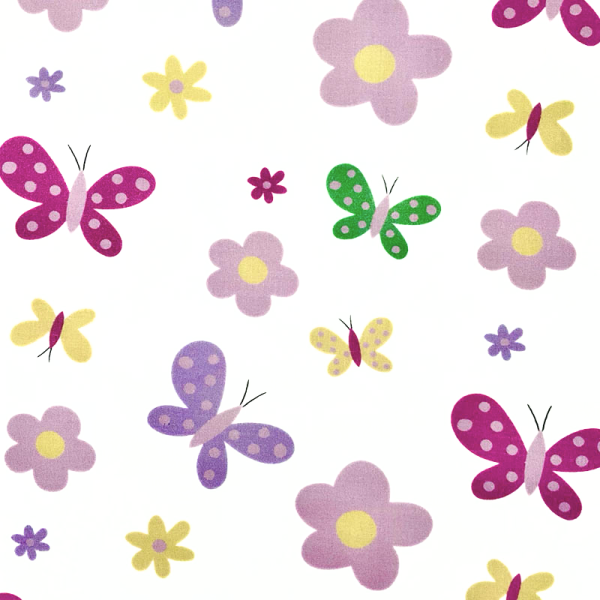 Cotone Farfalle e Fiori fondo Bianco