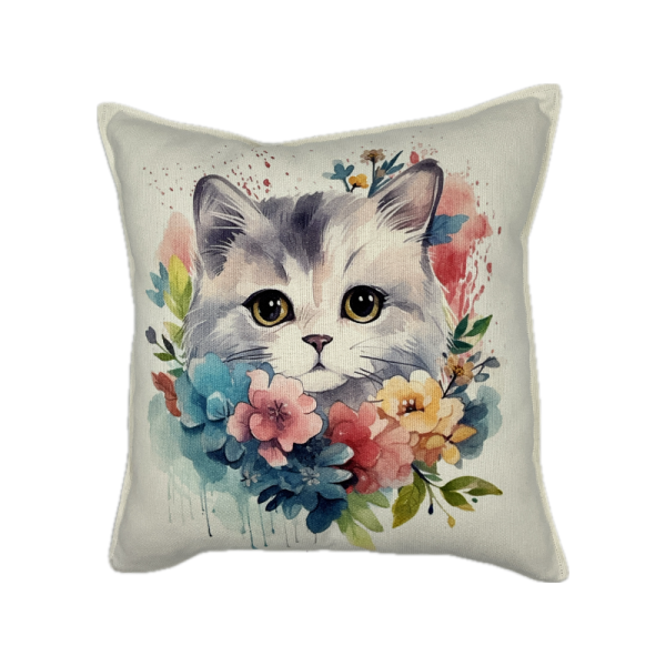 Cuscino Cotone Canvas Gatto Con Fiori