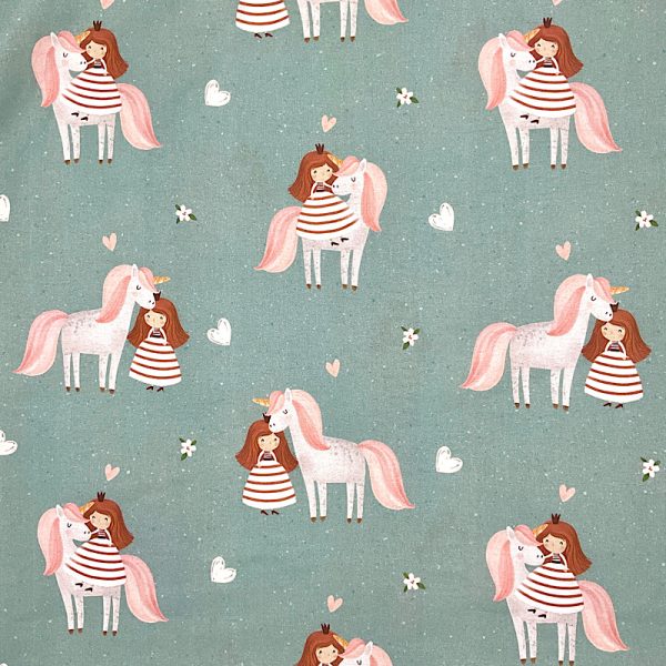 Cotone Unicorno E Principessa Fondo Verde