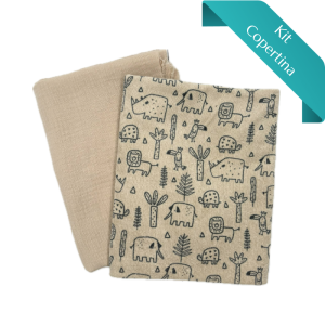 Kit Copertina Stretch Terry Animaletti Beige e Mussola Tinta Unita
