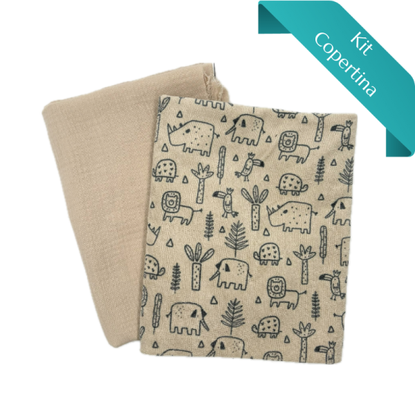 Kit Copertina Stretch Terry Animaletti Beige e Mussola Tinta Unita