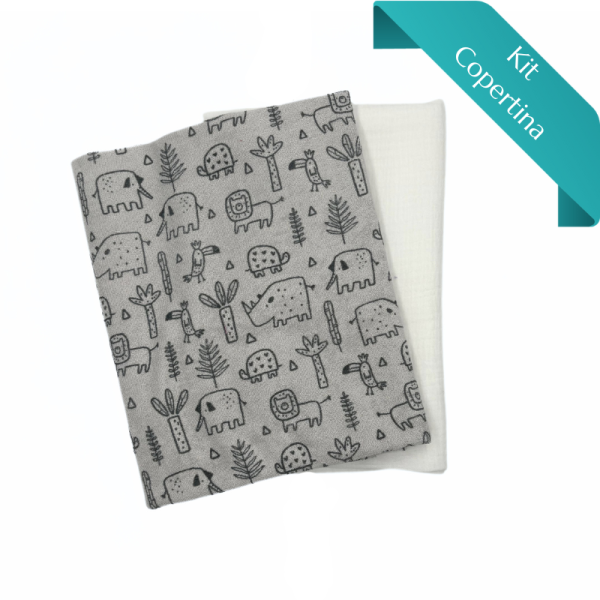 Kit Copertina Stretch Terry Animaletti Grigio e Mussola Tinta Unita