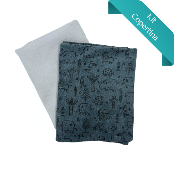 Kit Copertina Stretch Terry Animaletti Blu e Mussola Tinta Unita