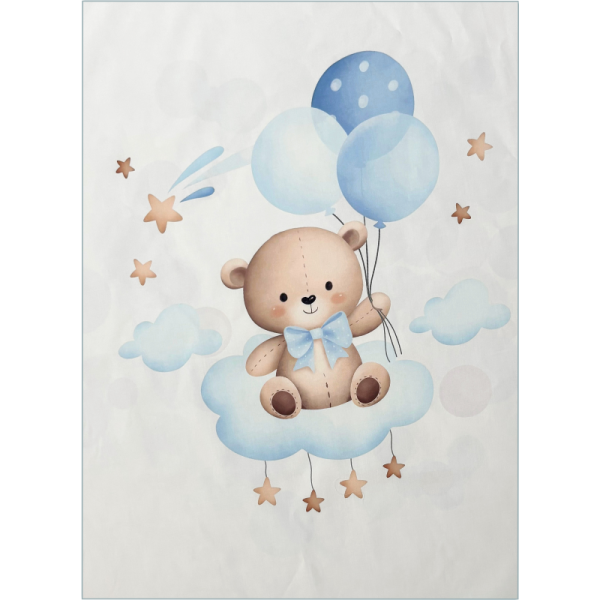 Pannello Copertina Cotone Percalle 75x105 Orsetto con Palloncini Celesti Fondo Bianco