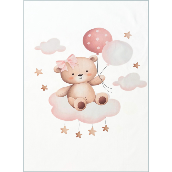 Pannello Copertina Cotone Percalle 75x105 Orsetto con Palloncini Rosa Fondo Bianco