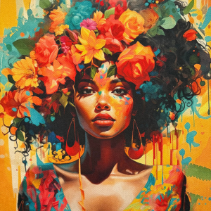 Pannello in tessuto 46x46 cm Donna Afro Fiori Multicolor