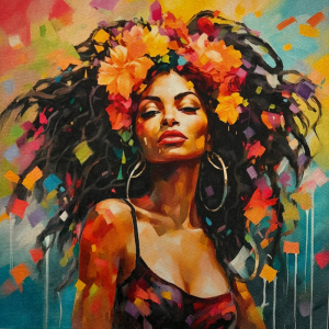 Pannello in tessuto 46x46 cm Donna Afro Fiori tra Capelli Afro