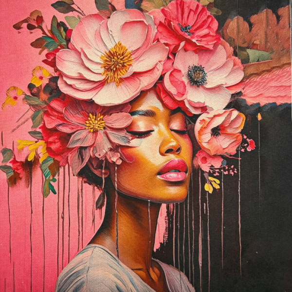 Pannello in tessuto 46x46 cm Donna Afro Occhi Chiusi e Turbante di Fiori