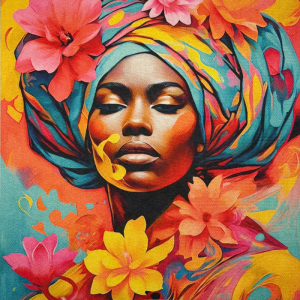 Pannello in tessuto 46x46 cm Donna Afro Occhi Socchiusi e Fiori Colorati