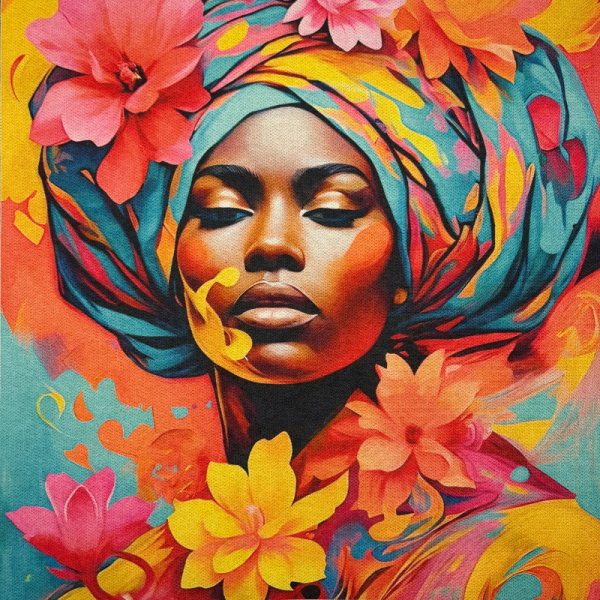 Pannello in tessuto 46x46 cm Donna Afro Occhi Socchiusi e Fiori Colorati