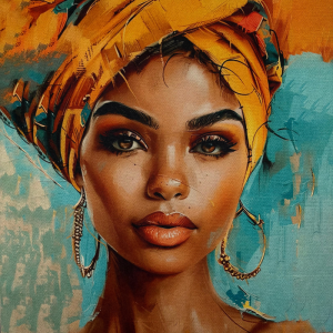 Pannello in tessuto 46x46 cm Donna Afro Primo Piano e Turbante Giallo