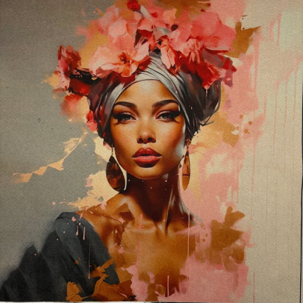 Pannello in tessuto 46x46 cm Donna Afro Turbante fiori Rosa