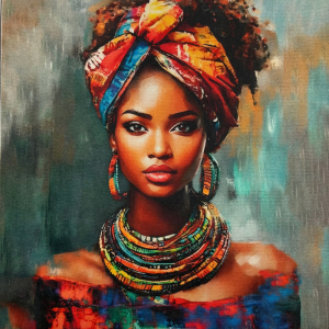 Pannello in tessuto 46x46 cm Donna Afro con Collana e Orecchini