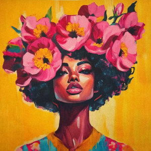 Pannello in tessuto 46x46 cm Donna Afro e Papaveri Fucsia