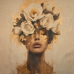 Pannello in tessuto 46x46 cm Donna Fiori Bianchi e Schizzi Dorati