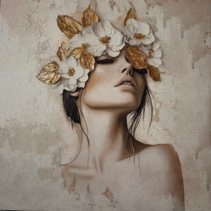 Pannello in tessuto 46x46 cm Donna Fiori in Testa Bianchi e Dorati