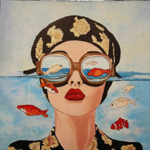 Pannello in tessuto 46x46 cm Donna Mare e Pesciolini