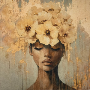 Pannello in tessuto 46x46 cm Donna Occhi Chiusi e Fiori