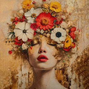 Pannello in tessuto 46x46 cm Donna Palpebre Dorate e Fiori Colorati