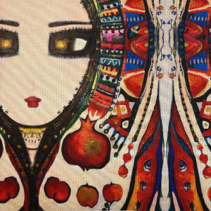 Pannello in tessuto 46x46 cm Donna Stile Etnico Occhi Dorati e Melograno