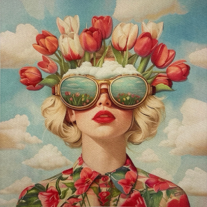 Pannello in tessuto 46x46 cm Donna Tulipani tra i Capelli