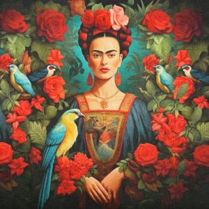 Pannello in tessuto 46x46 cm Frida Tra Rose e Uccellini