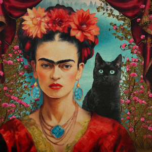 Pannello in tessuto 46x46 cm Frida e Gatto Nero