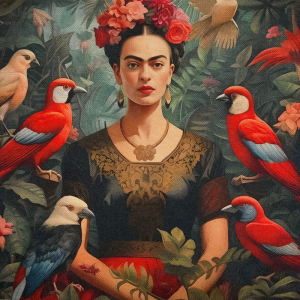 Pannello in tessuto 46x46 cm Frida e Pappagalli nella Giungla