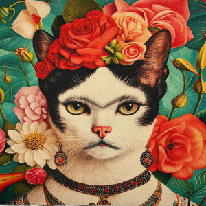Pannello in tessuto 46x46 cm Gatto Frida con Rose e Fiori
