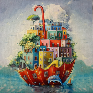 Pannello in tessuto 46x46 cm Ombrello Città con Delfino
