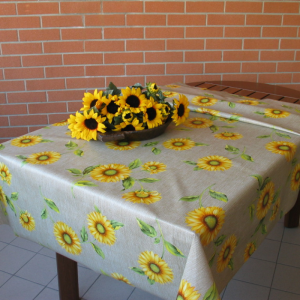 Tessuto Plastificato per Tovaglie Margherite Fondo Lino