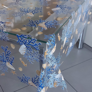 Tessuto Plastificato per Tovaglie Trasparente Coralli Blu