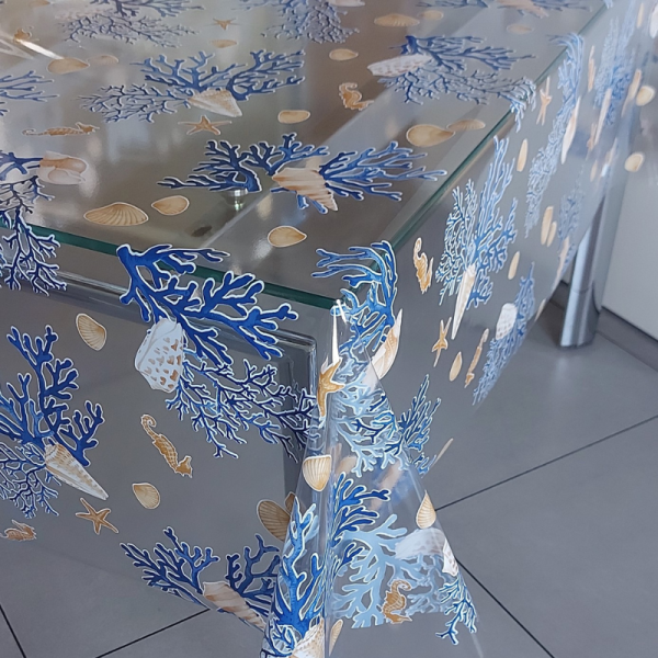 Tessuto Plastificato per Tovaglie Trasparente Coralli Blu