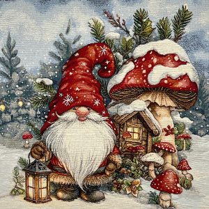 Pannello Gobelin cm 47X47 Gnomo E Funghi