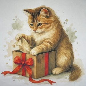 Pannello Velluto cm 47X47  Gatto E Pacco Di Natale