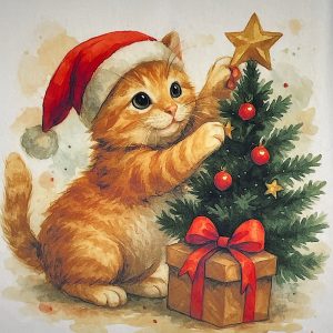 Pannello Velluto cm 47X47  Gatto E Albero Di Natale