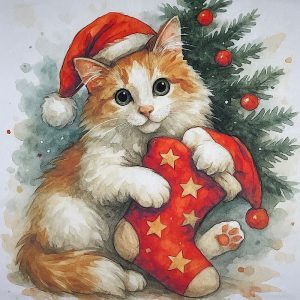 Pannello Velluto cm 47X47  Gatto E Calza Natale
