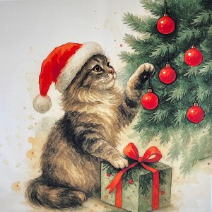 Pannello Velluto cm 47X47  Gatto Regalo E Albero Natale