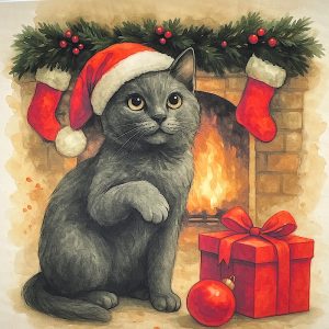 Pannello Velluto cm 47X47 Gatto Camino E Regalo Natale