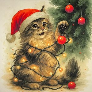 Pannello Velluto cm 47X47 Gatto Luci E Albero Natale