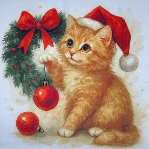 Pannello Velluto cm 47X47 Gatto E Ghirlanda Natale