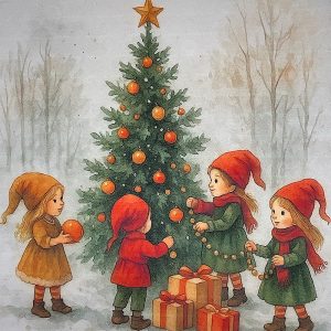 Pannello Velluto cm 47X47 Bimbi E Albero Natale