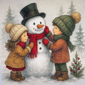 Pannello Velluto cm 47X47 Bimbi E Pupazzo Di Natale