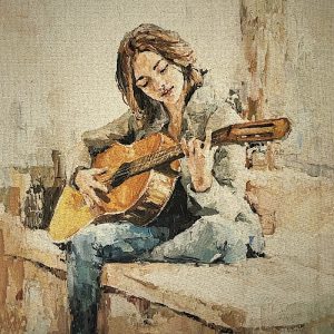 Pannello Gobelin cm 47X47  Ragazza Con Chitarra