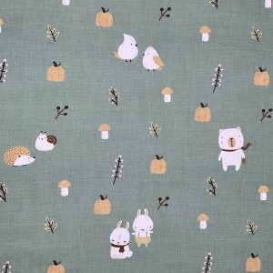 Cotone Animaletti Funghi E Zucche Fondo Verde
