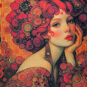 Pannello Gobelin cm 47X47 Donna Stile Klimt Capelli Rossi