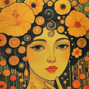 Pannello Gobelin stampa digitale cm 47X47 Donna Stile Klimt Fiori Gialli