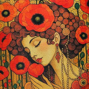 Pannello Gobelin cm 47X47 stampa digitale Donna Stile Klimt Papaveri