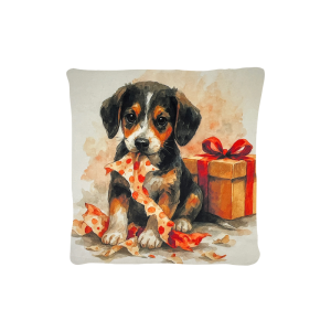 Cuscino Arredo Natalizio Velluto cm 45x45 Beagle e Pacco di Natale